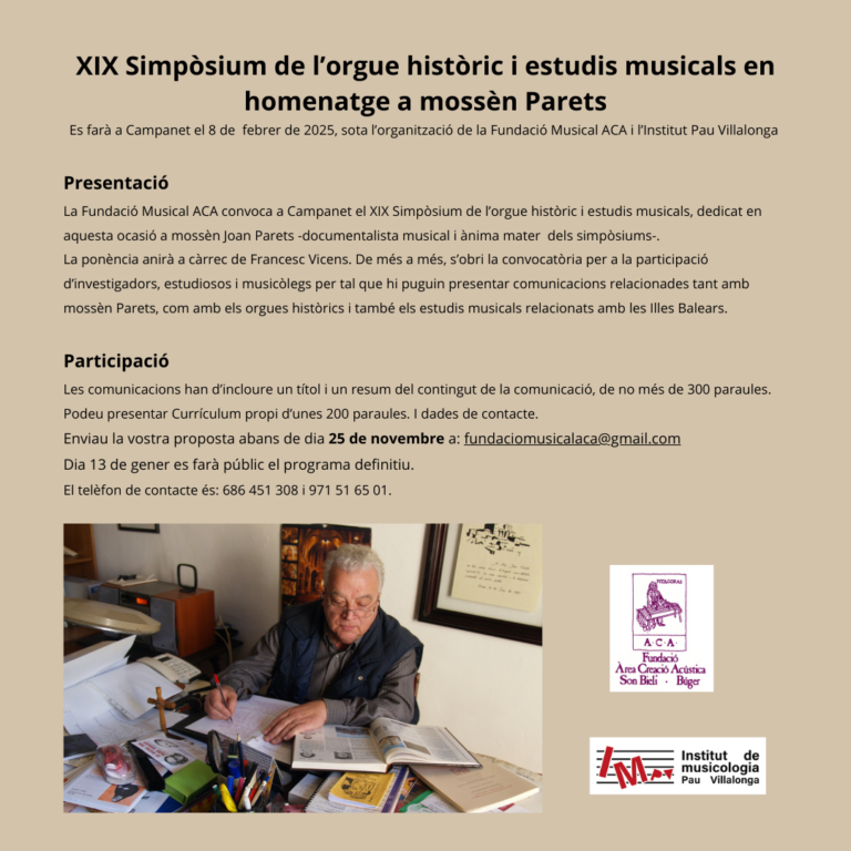 XIX Simpòsium de l’orgue històric i estudis musicals en homenatge a mossèn Parets
